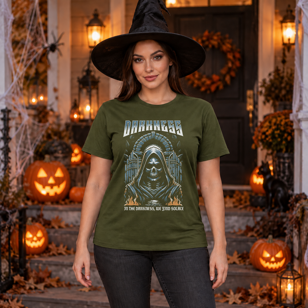 Darkness T-Shirt – Skull & Reaper Gothic Graphic Graphic Tee - Color: military green