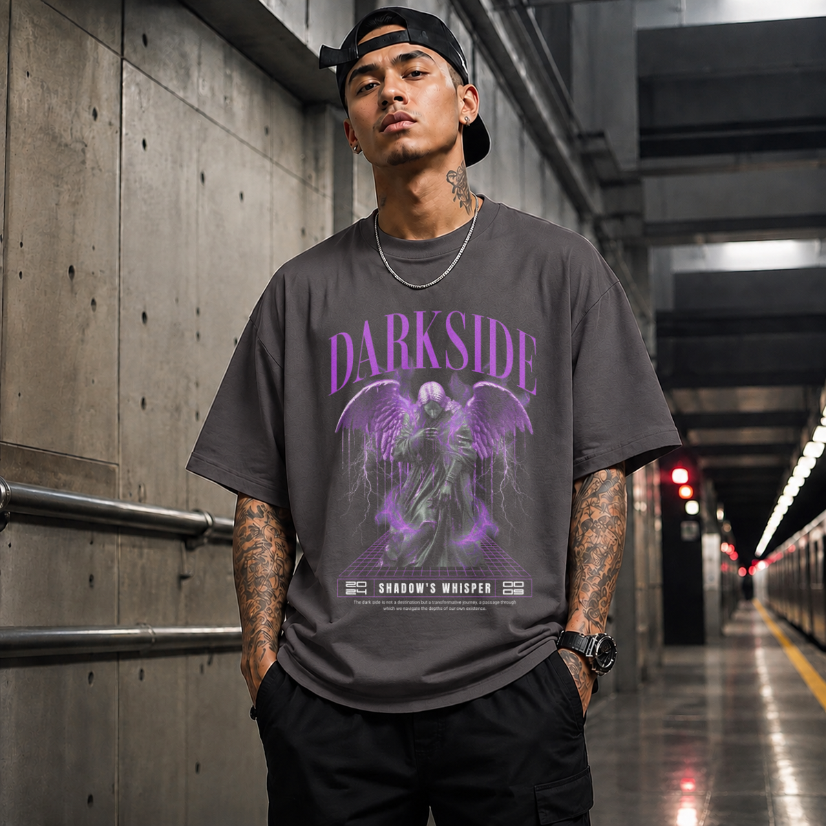 Darkside Demon Angel T-Shirt – Gothic Streetwear Poster Graphic Tee - Color: Charcoal