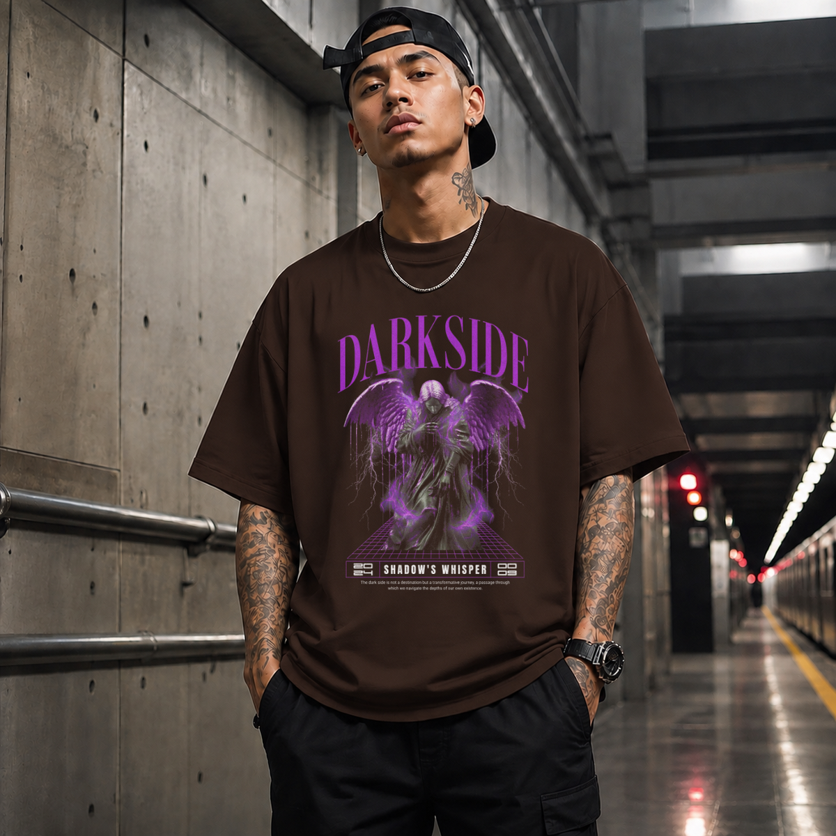 Darkside Demon Angel T-Shirt – Gothic Streetwear Poster Graphic Tee - Color: Dark Chocolate