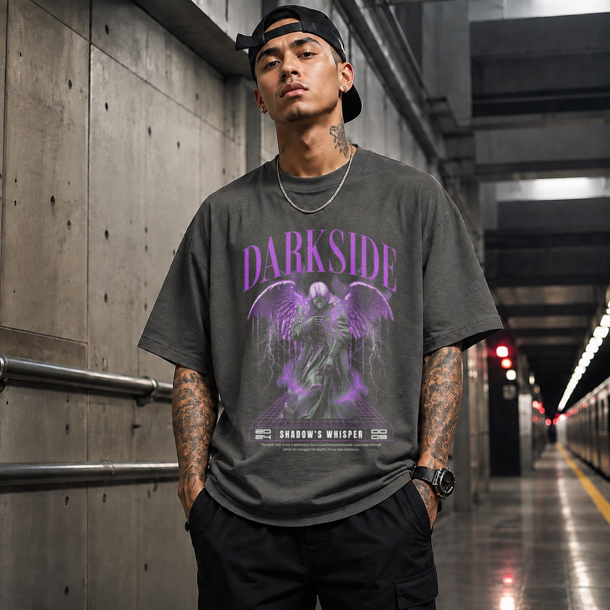 Darkside Demon Angel T-Shirt – Gothic Streetwear Poster Graphic Tee - Color: Dark Heather
