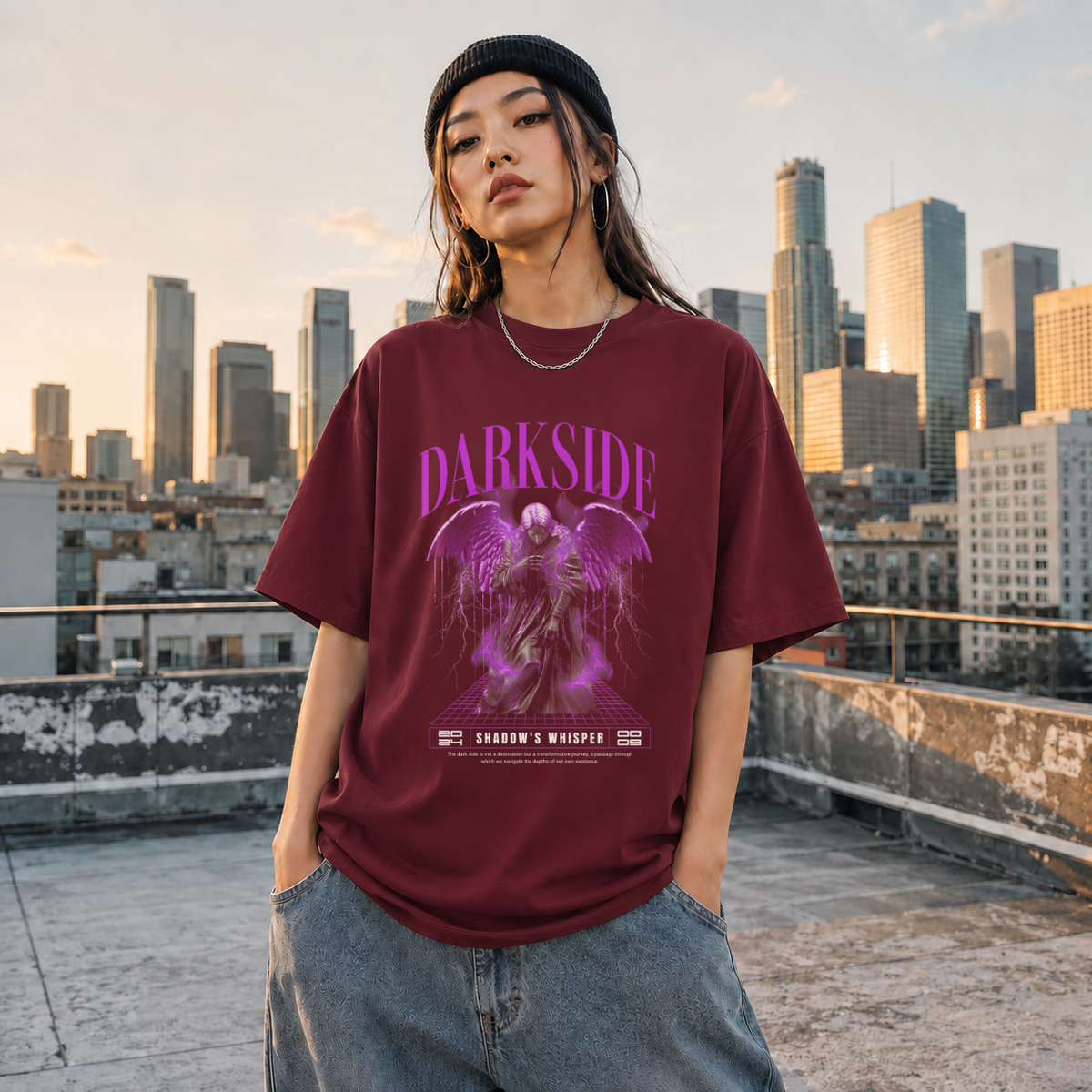 Darkside Demon Angel T-Shirt – Gothic Streetwear Poster Graphic Tee - Color: Maroon