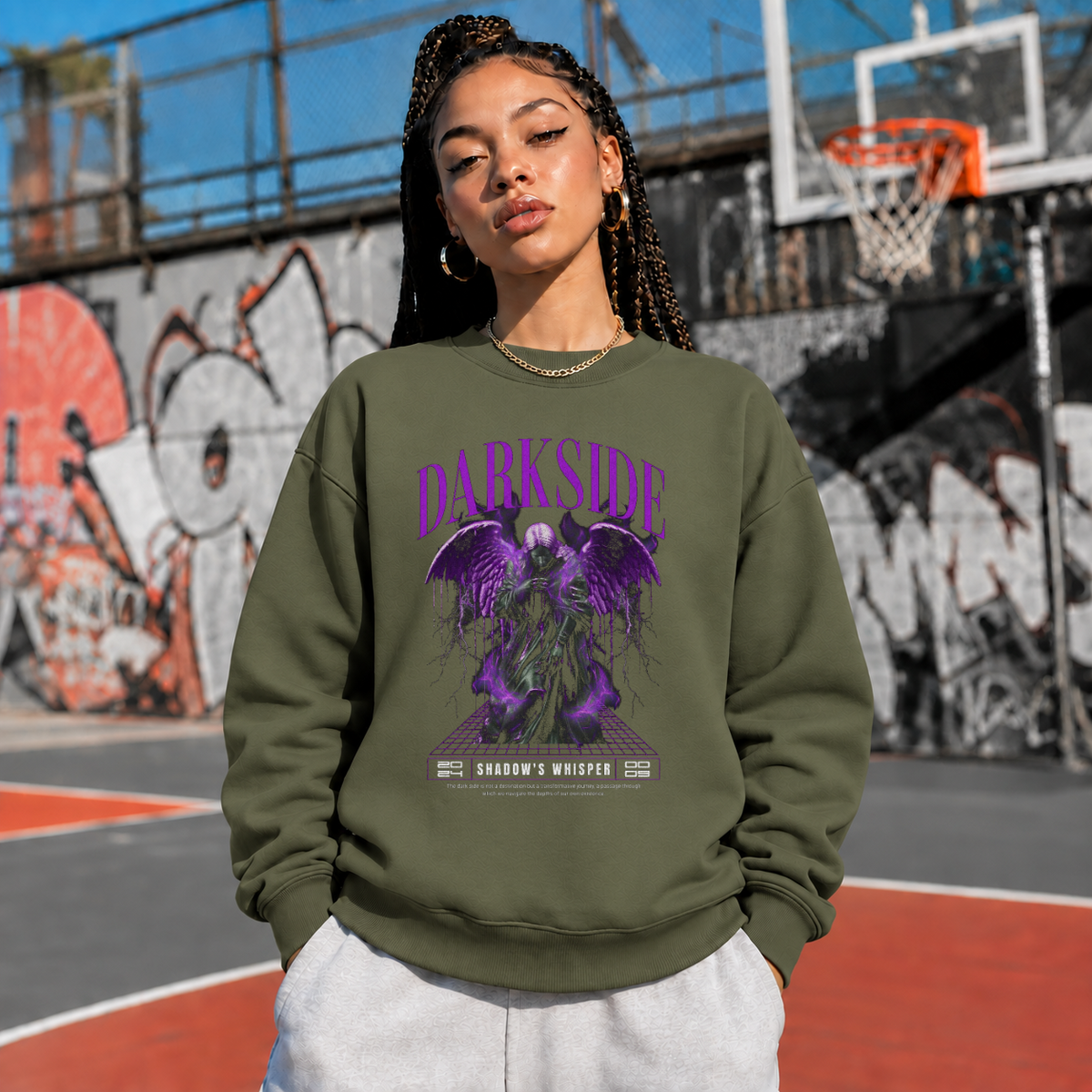 Darkside Demon Angel T-Shirt – Gothic Streetwear Poster Graphic Tee - Color: military green