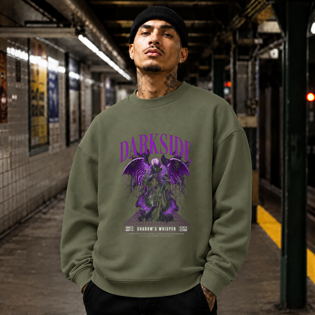 Darkside Demon Angel T-Shirt – Gothic Streetwear Poster Graphic Tee - Color: military green