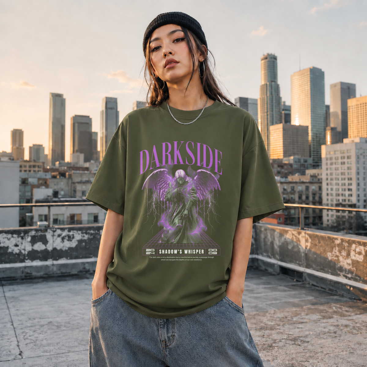 Darkside Demon Angel T-Shirt – Gothic Streetwear Poster Graphic Tee - Color: Millitary Green