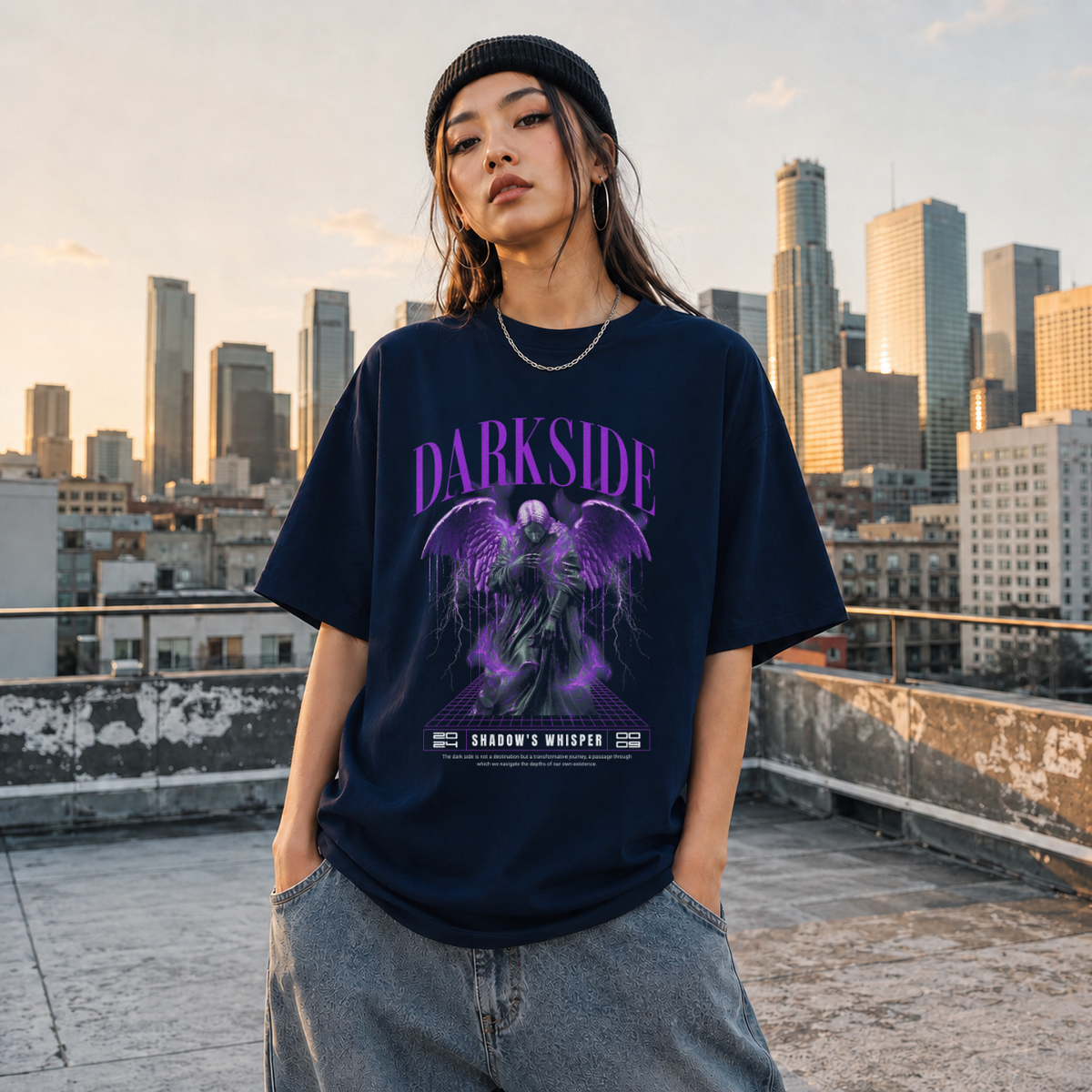 Darkside Demon Angel T-Shirt – Gothic Streetwear Poster Graphic Tee - Color: Navy