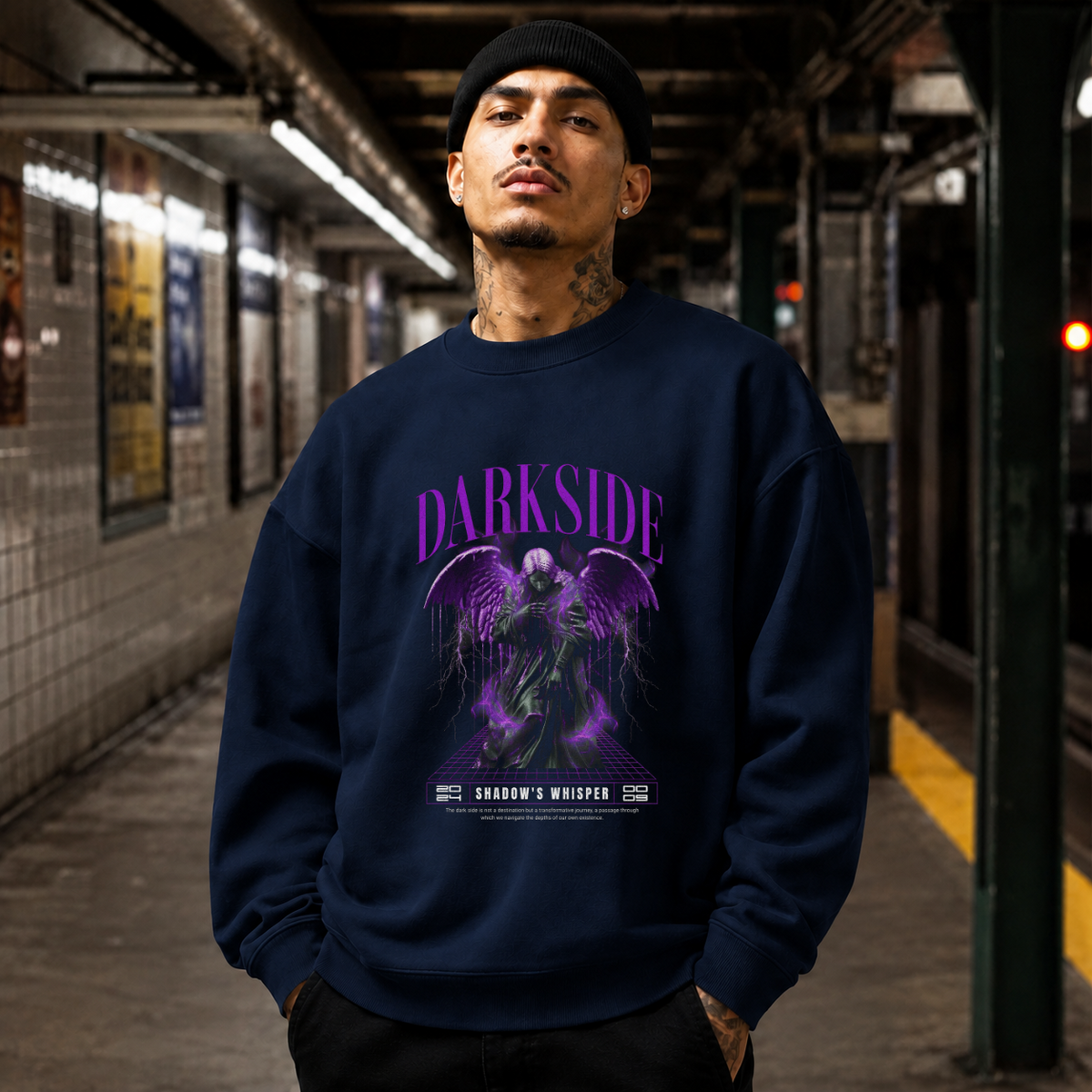 Darkside Demon Angel T-Shirt – Gothic Streetwear Poster Graphic Tee - Color: navy