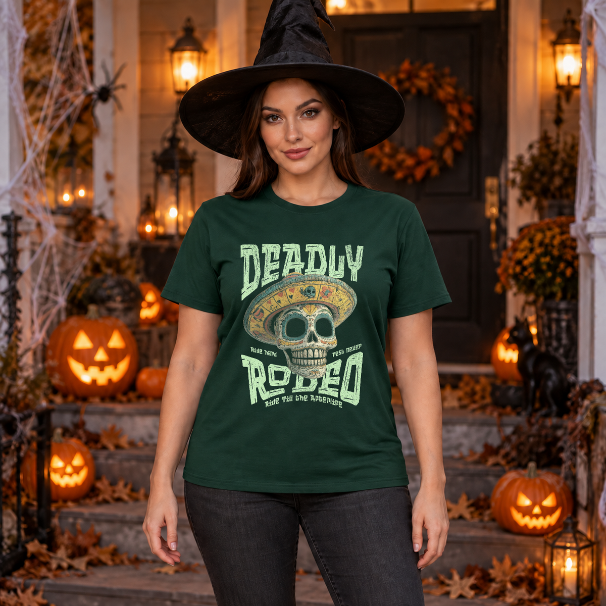 Deadly Rodeo T-Shirt – Dark Editorial Graphic Design Graphic Tee - Color: forest green