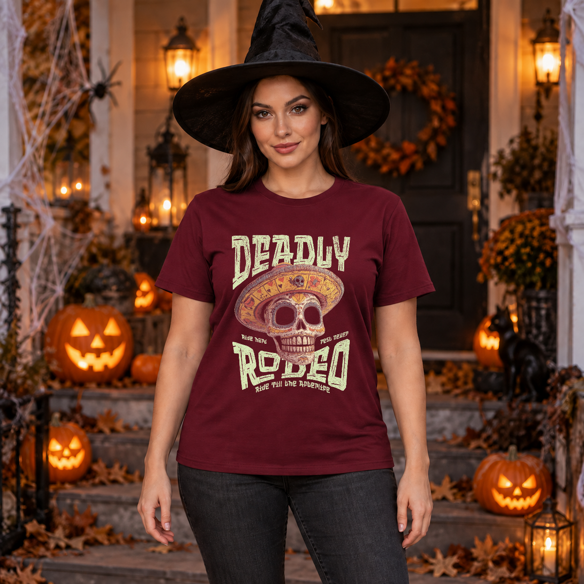 Deadly Rodeo T-Shirt – Dark Editorial Graphic Design Graphic Tee - Color: maroon