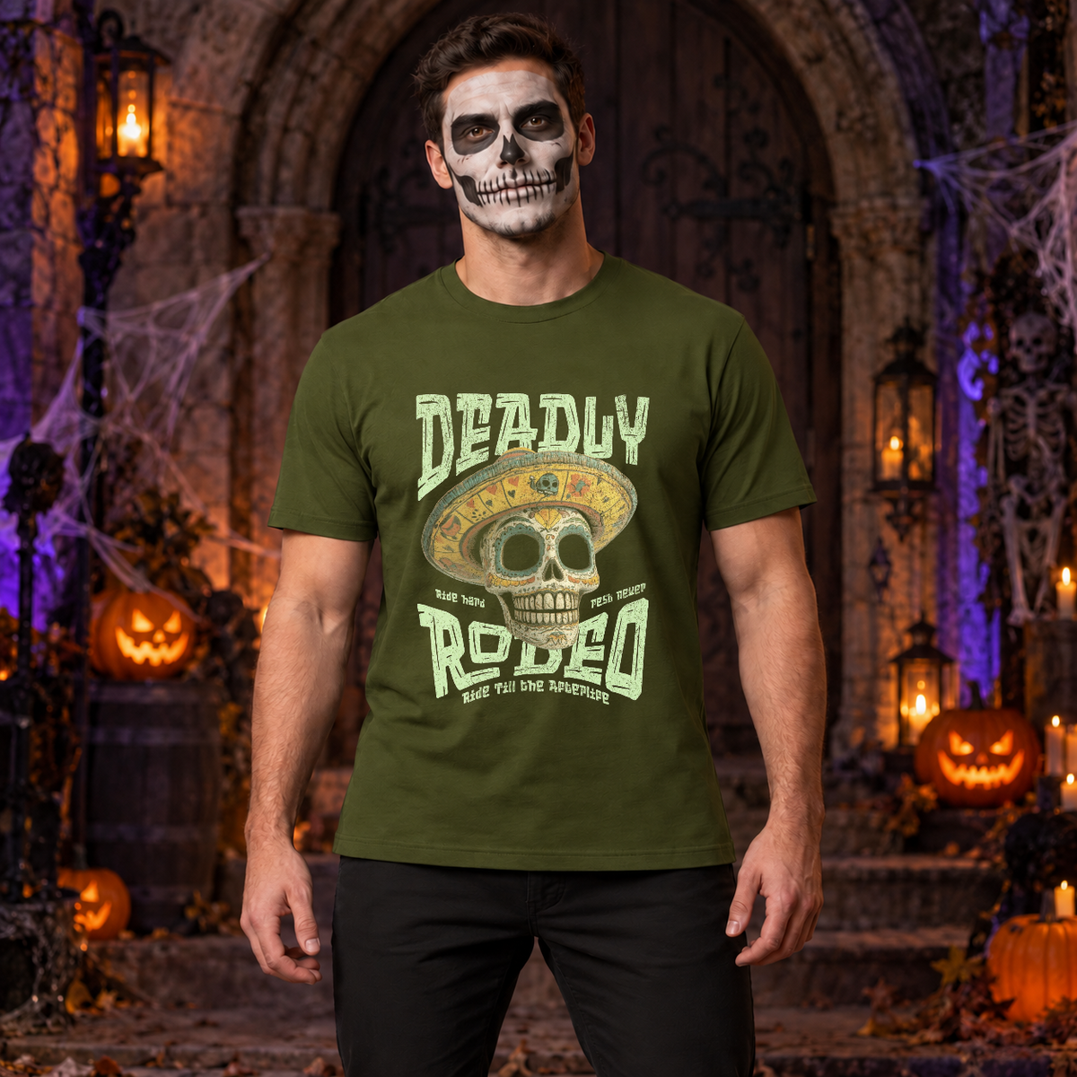 Deadly Rodeo T-Shirt – Dark Editorial Graphic Design Graphic Tee - Color: military green