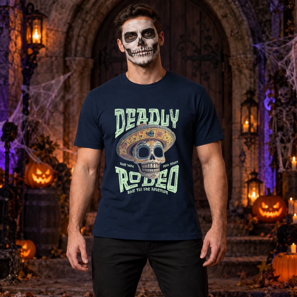 Deadly Rodeo T-Shirt – Dark Editorial Graphic Design Graphic Tee - Color: navy