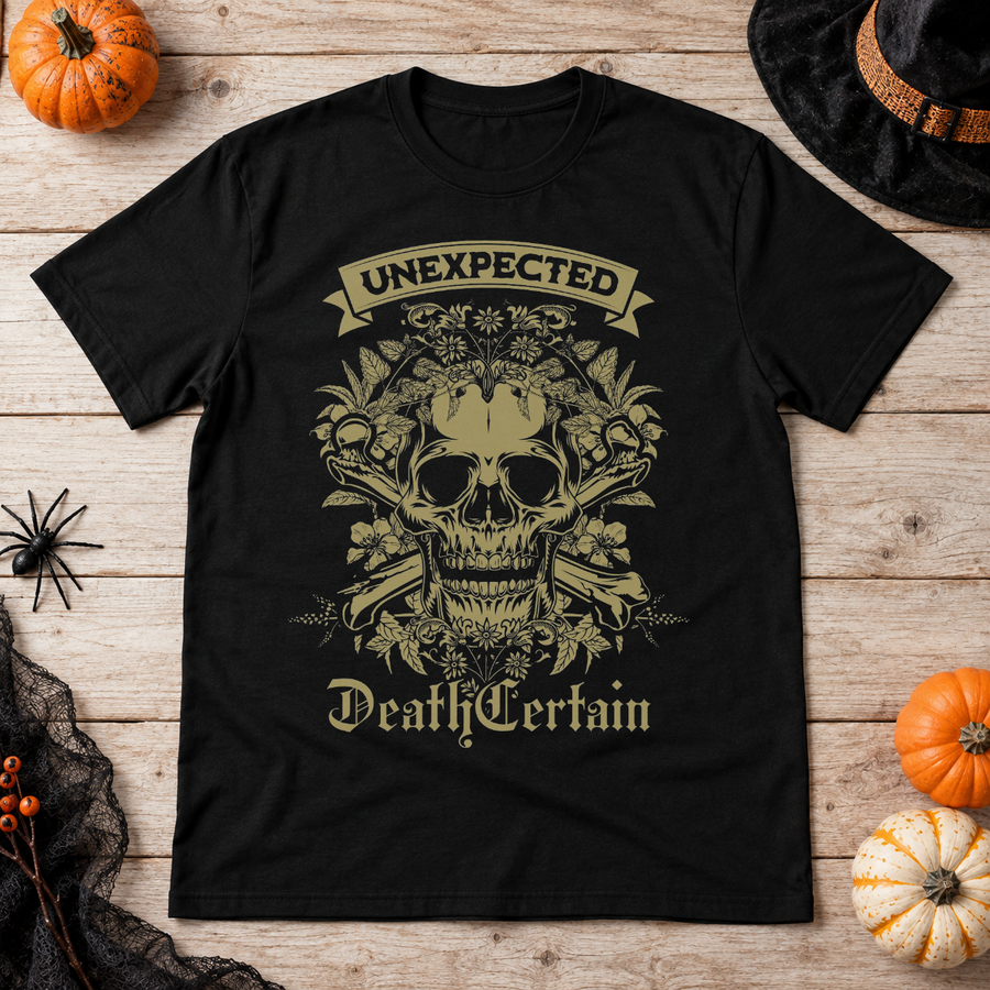 Death Certain and Unexpected T-Shirt – Skull & Reaper Gothic Graphic Graphic Tee - Color: black