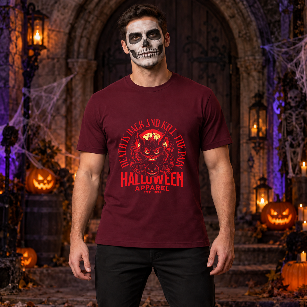 Death is Back T-Shirt – Skull & Reaper Gothic Graphic Graphic Tee - Color: maroon