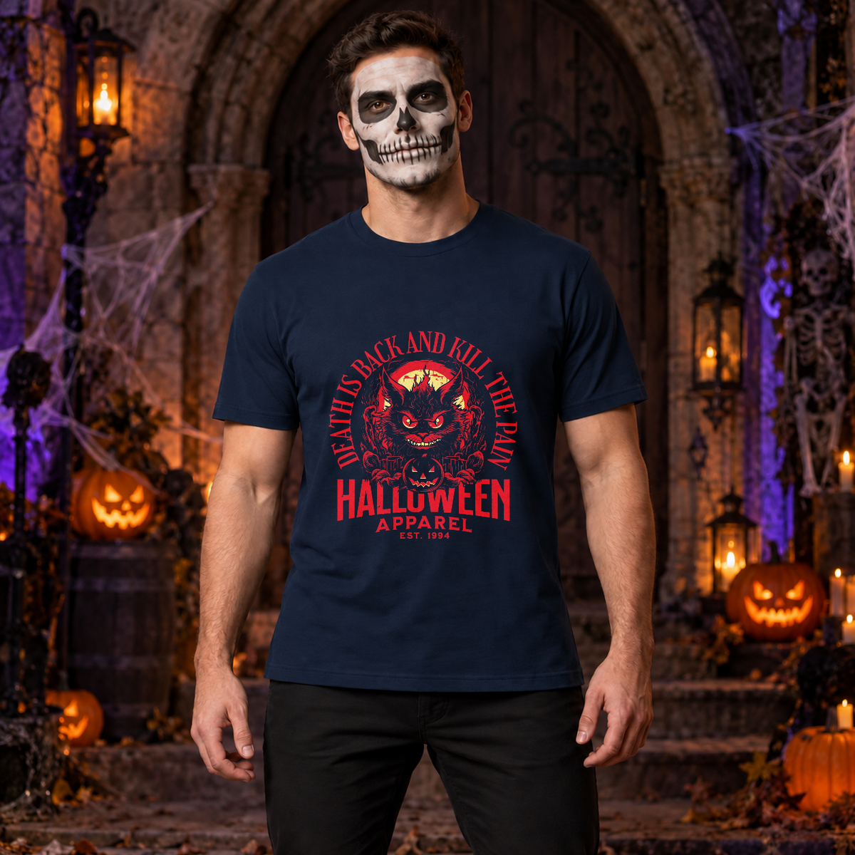 Death is Back T-Shirt – Skull & Reaper Gothic Graphic Graphic Tee - Color: navy