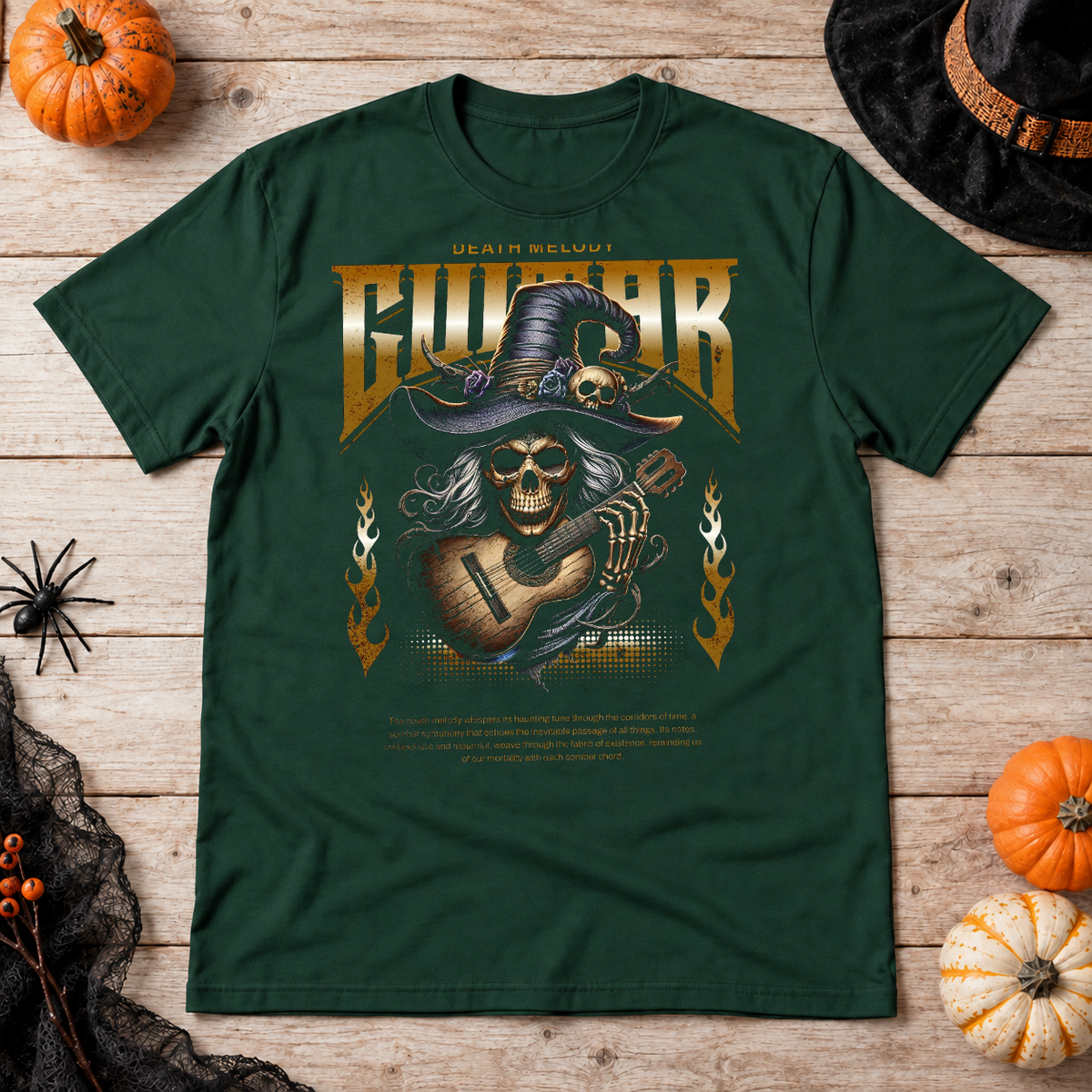 Death Melody T-Shirt – Skull & Reaper Gothic Graphic Graphic Tee - Color: forest green