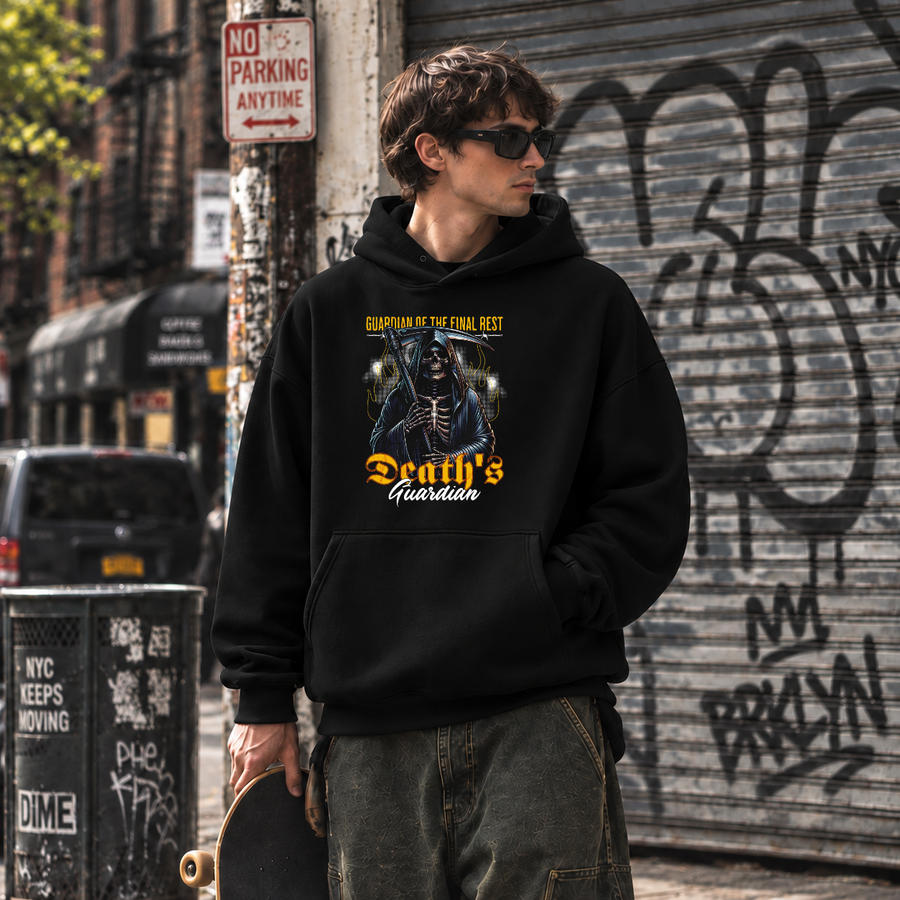 Death's Guardian Skeleton Reaper Hoodie – Gothic Streetwear Poster Graphic Hoodie - Color: black