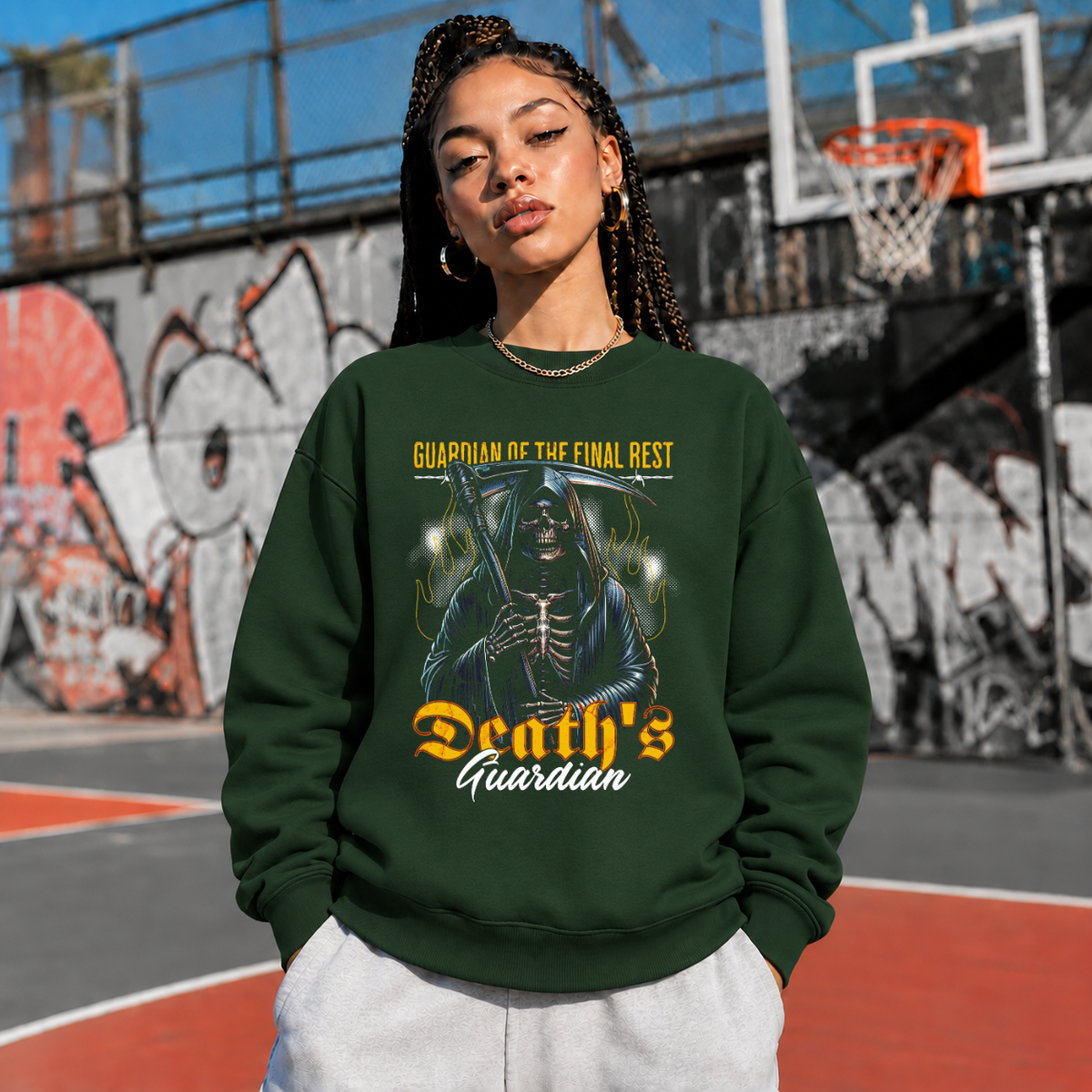 Death's Guardian Skeleton Reaper Sweatshirt – Gothic Streetwear Poster Graphic Sweatshirt - Color: forest green