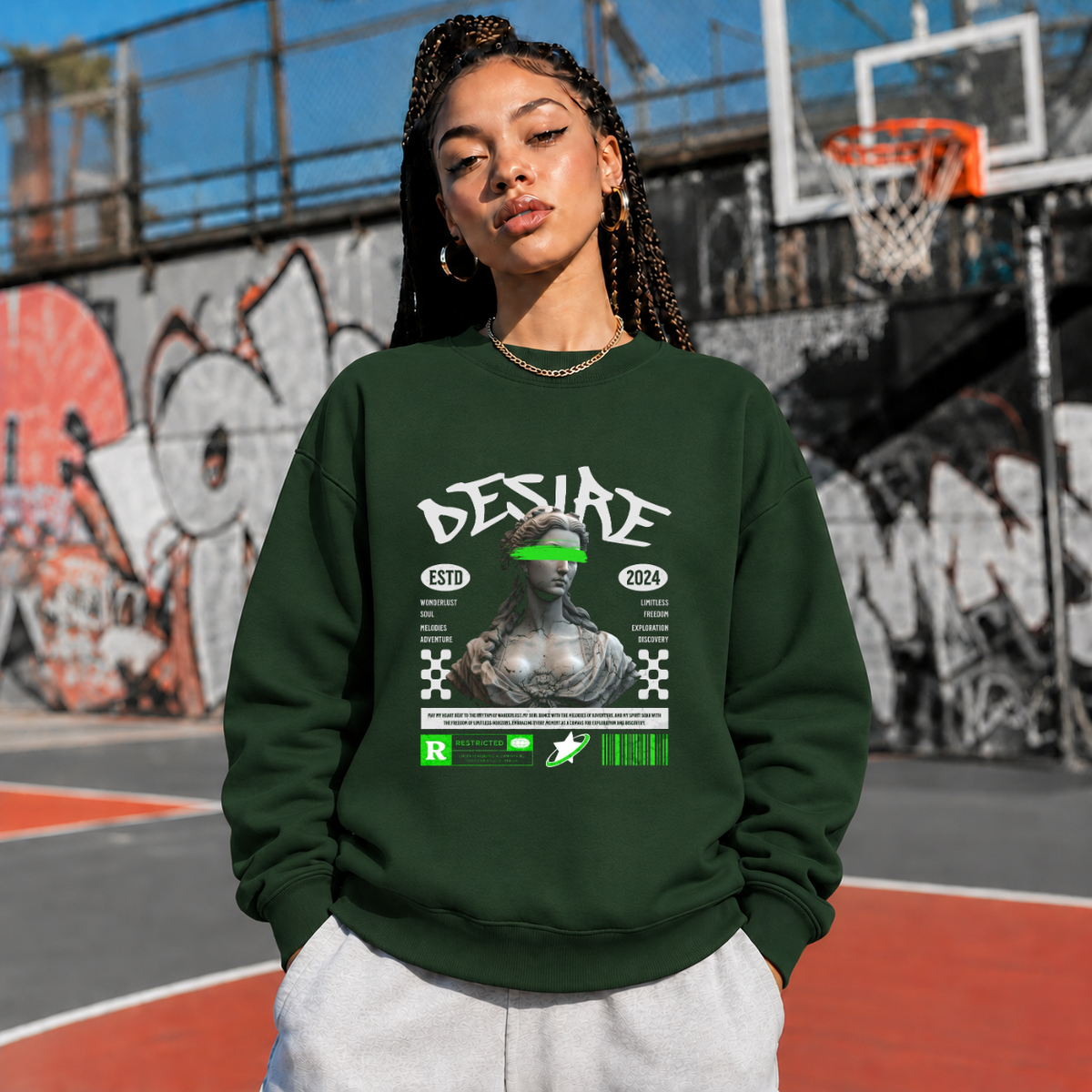 Desire Statue Sweatshirt – Dark Editorial Graphic Design Sweatshirt - Color: forest green