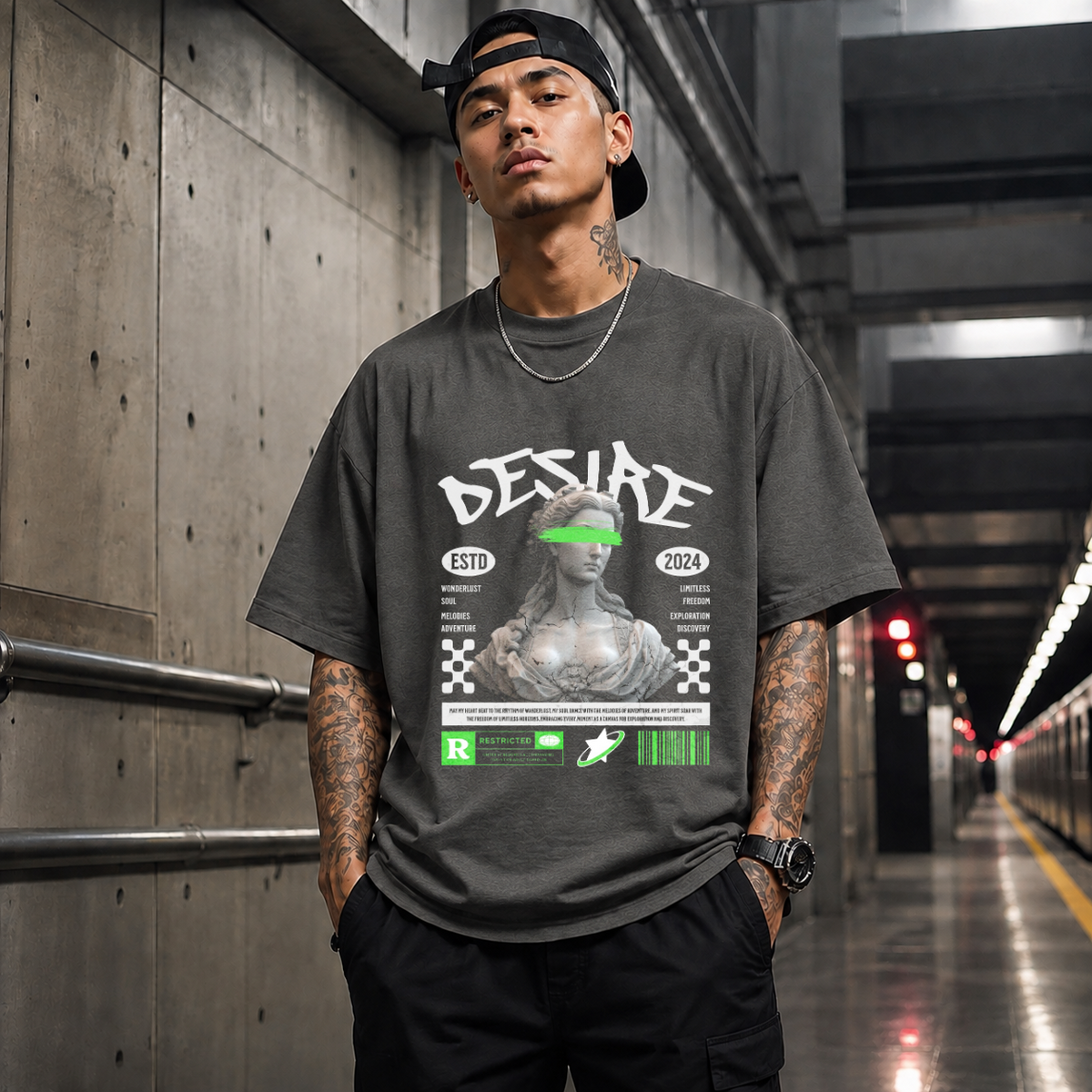 Desire Statue T-Shirt – Dark Editorial Graphic Design Tee - Color: Dark Heather