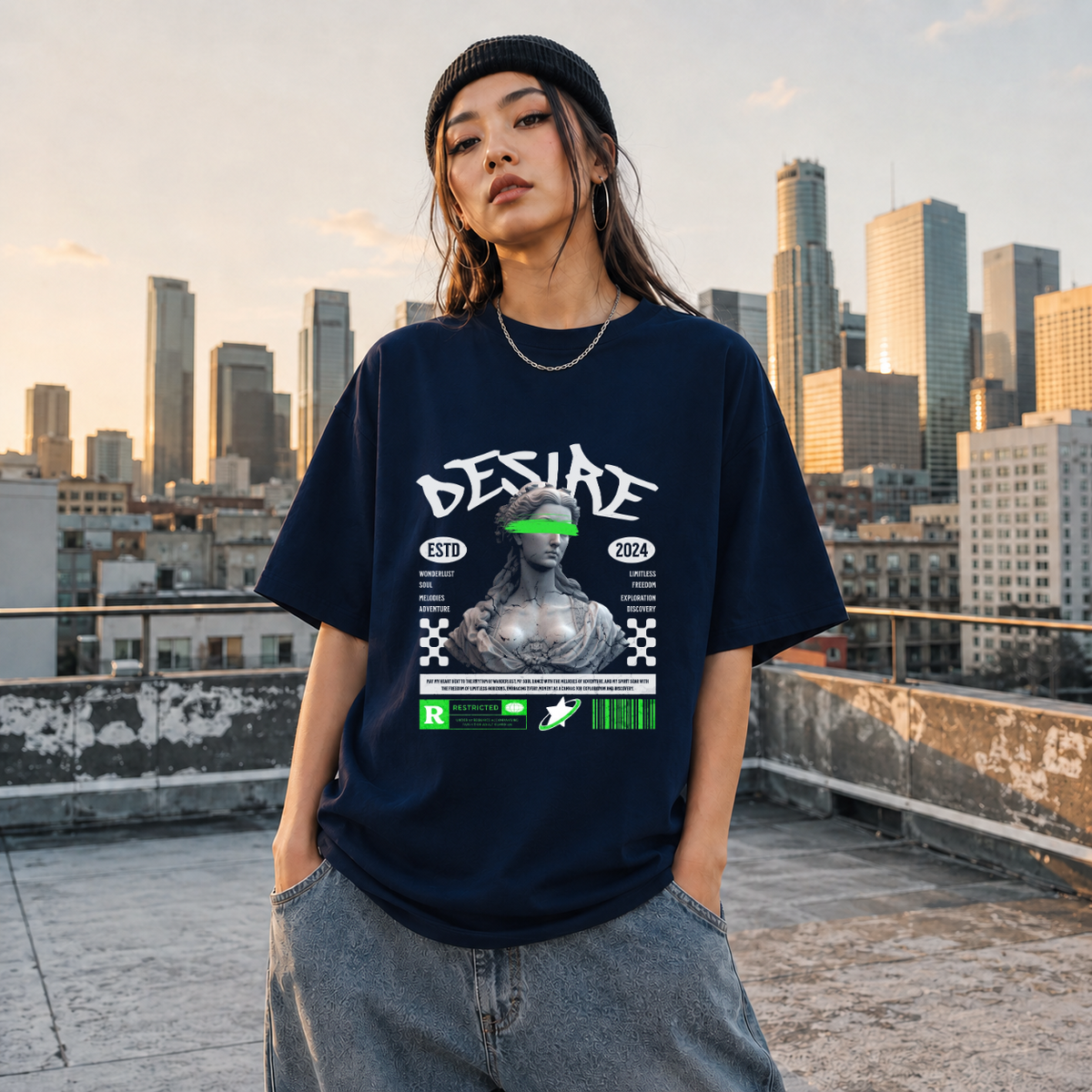 Desire Statue T-Shirt – Dark Editorial Graphic Design Tee - Color: Navy