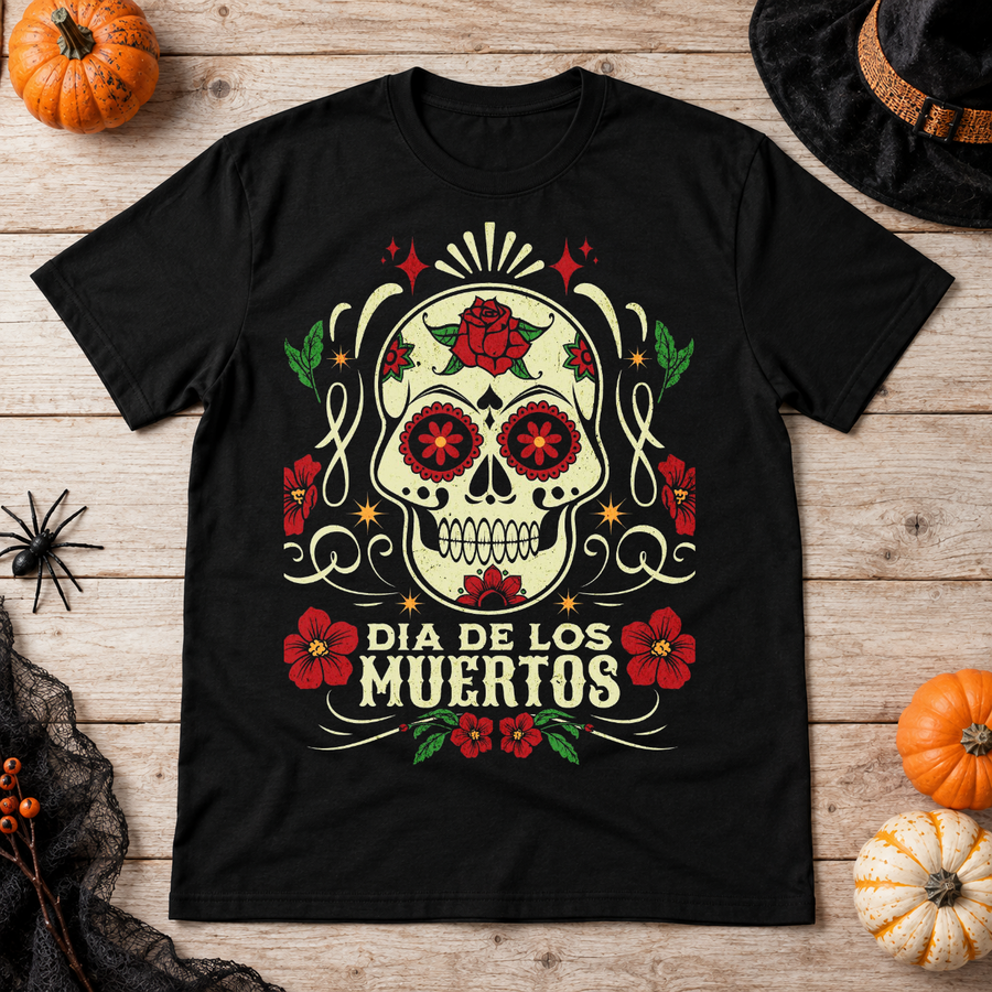 Dia De Los Muertos - Skull and Flowers T-Shirt – Skull & Reaper Gothic Graphic Graphic Tee - Color: black