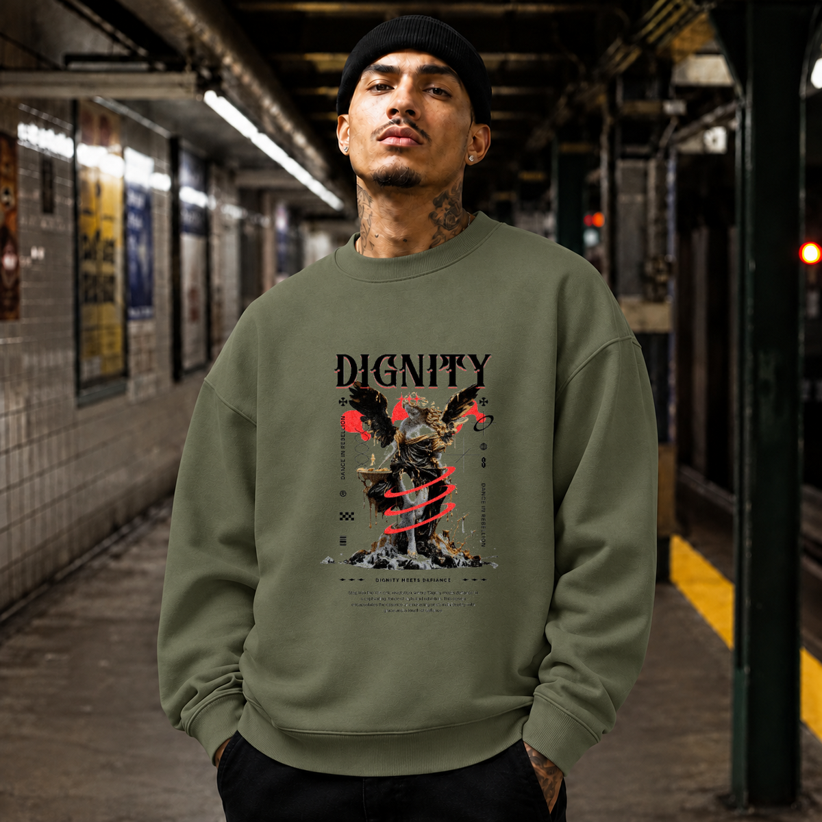 Dignity Eagle Collage Sweatshirt – Dark Editorial Graphic Design Sweatshirt - Color: military green