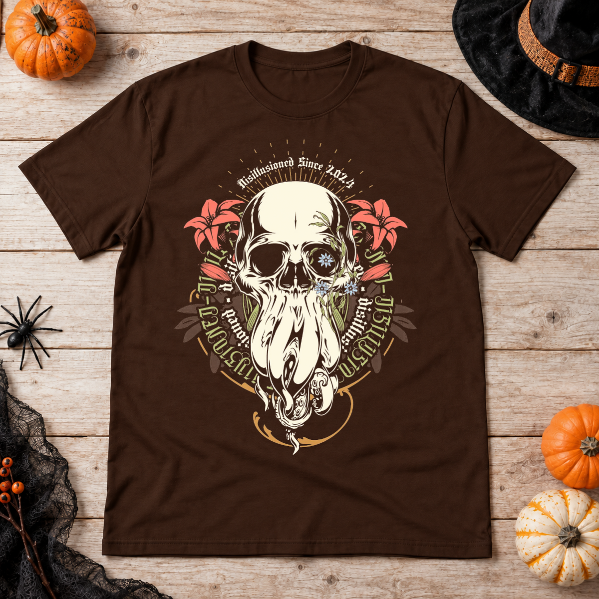 Disillusioned Skull T-Shirt – Skull & Reaper Gothic Graphic Graphic Tee - Color: chocolate