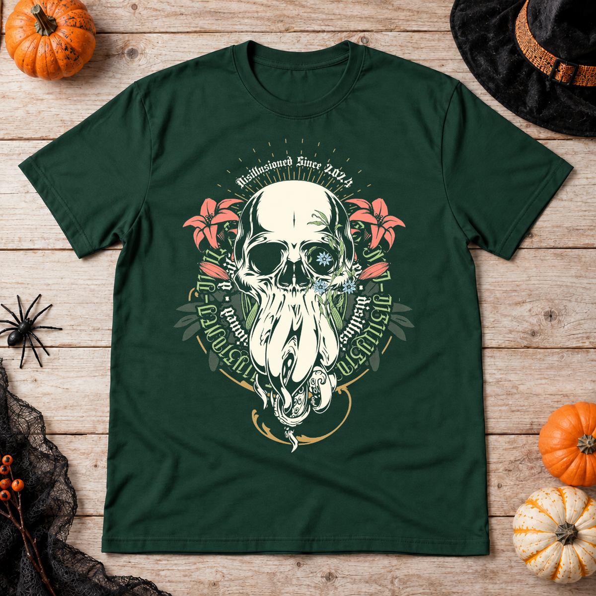 Disillusioned Skull T-Shirt – Skull & Reaper Gothic Graphic Graphic Tee - Color: forest green
