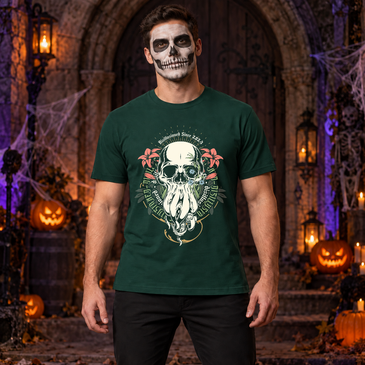 Disillusioned Skull T-Shirt – Skull & Reaper Gothic Graphic Graphic Tee - Color: forest green