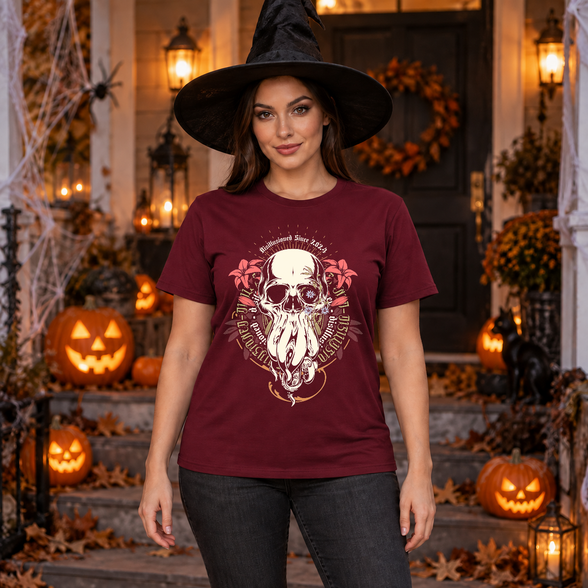Disillusioned Skull T-Shirt – Skull & Reaper Gothic Graphic Graphic Tee - Color: maroon