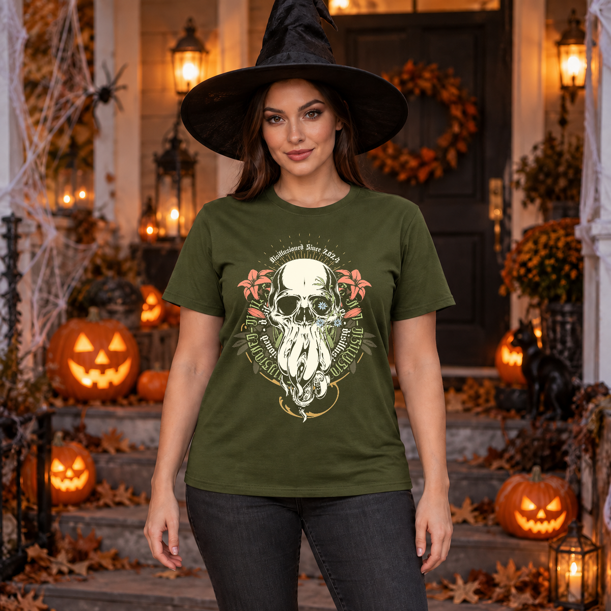 Disillusioned Skull T-Shirt – Skull & Reaper Gothic Graphic Graphic Tee - Color: military green