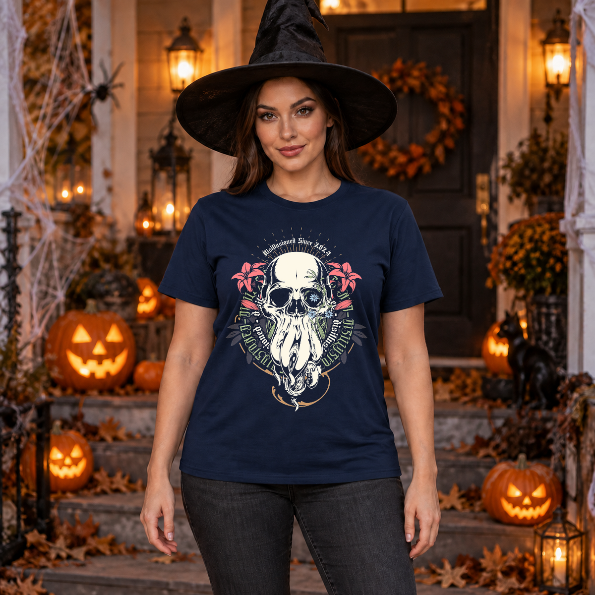 Disillusioned Skull T-Shirt – Skull & Reaper Gothic Graphic Graphic Tee - Color: navy