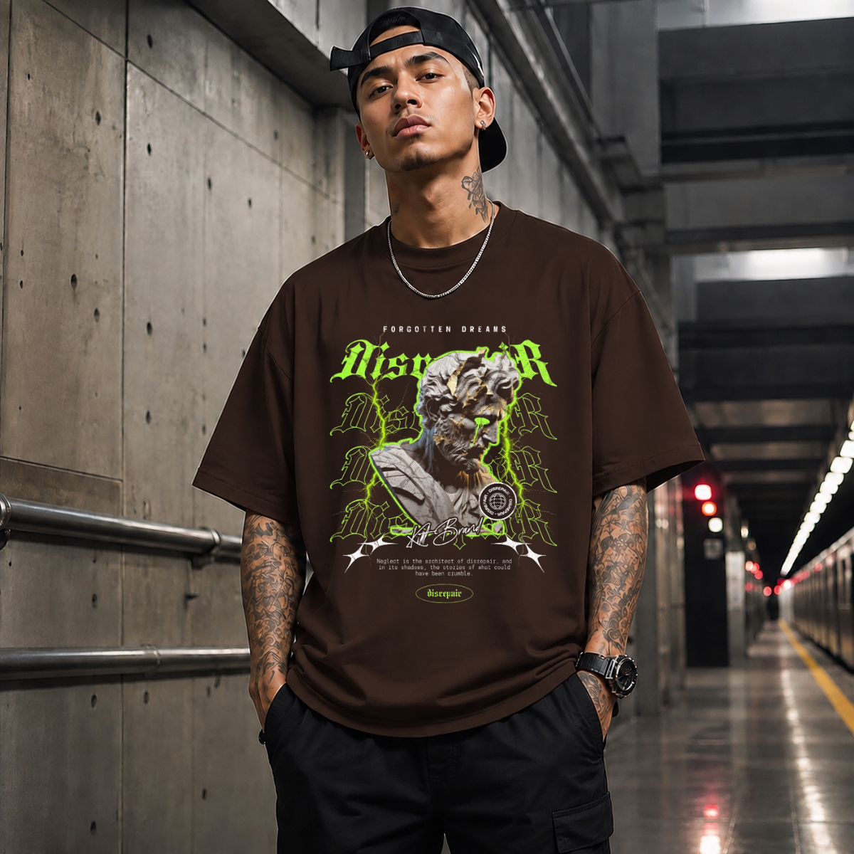 Disrepair Bust T-Shirt – Experimental Typography Graphic Tee - Color: Dark Chocolate