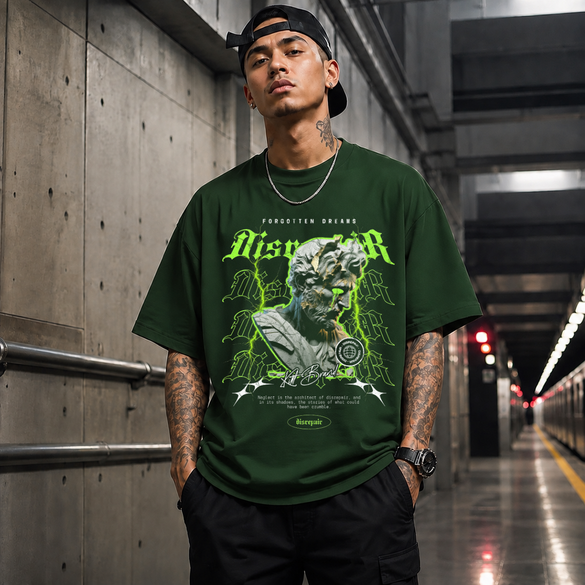 Disrepair Bust T-Shirt – Experimental Typography Graphic Tee - Color: Forest Green