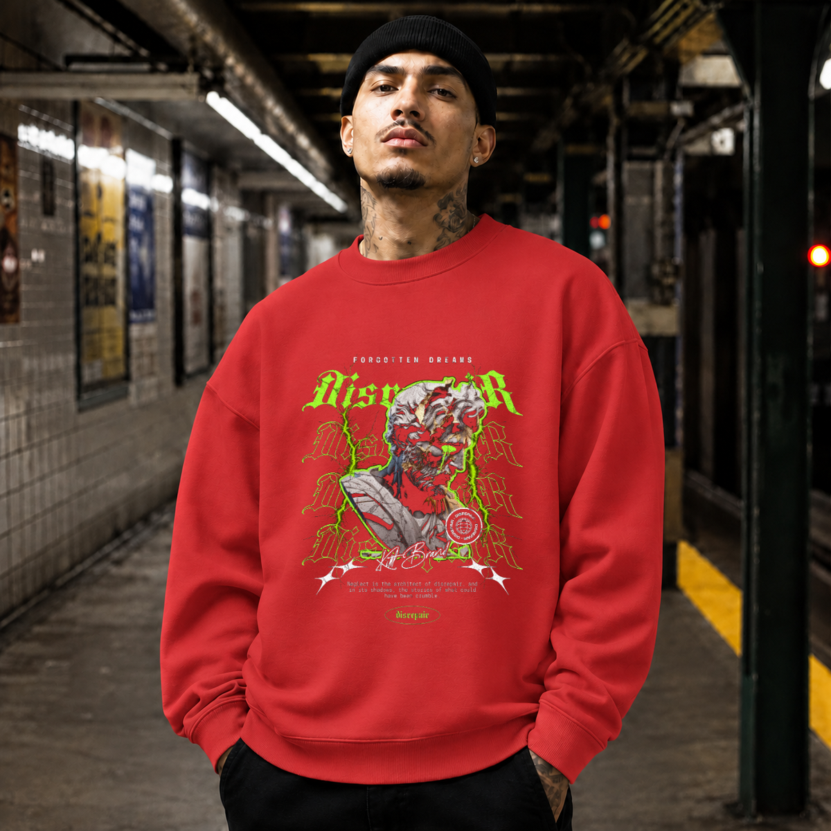 Disrepair Bust T-Shirt – Experimental Typography Graphic Tee - Color: red