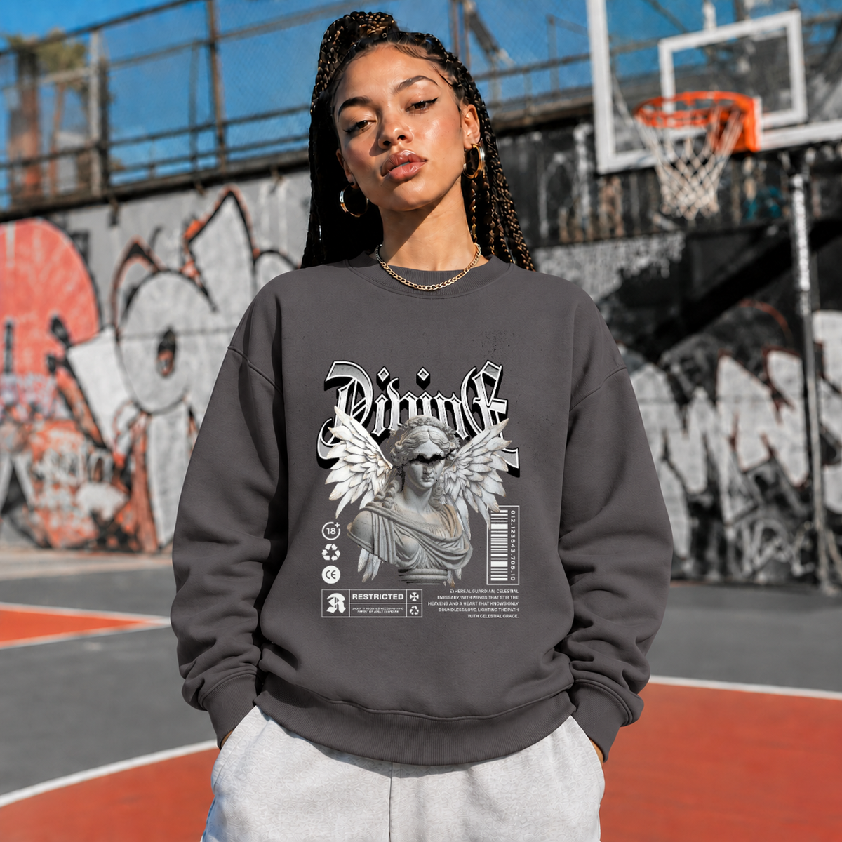 Divine Angel Statue Sweatshirt – Dark Art / Renaissance Aesthetic Graphic Sweatshirt - Color: charcoal