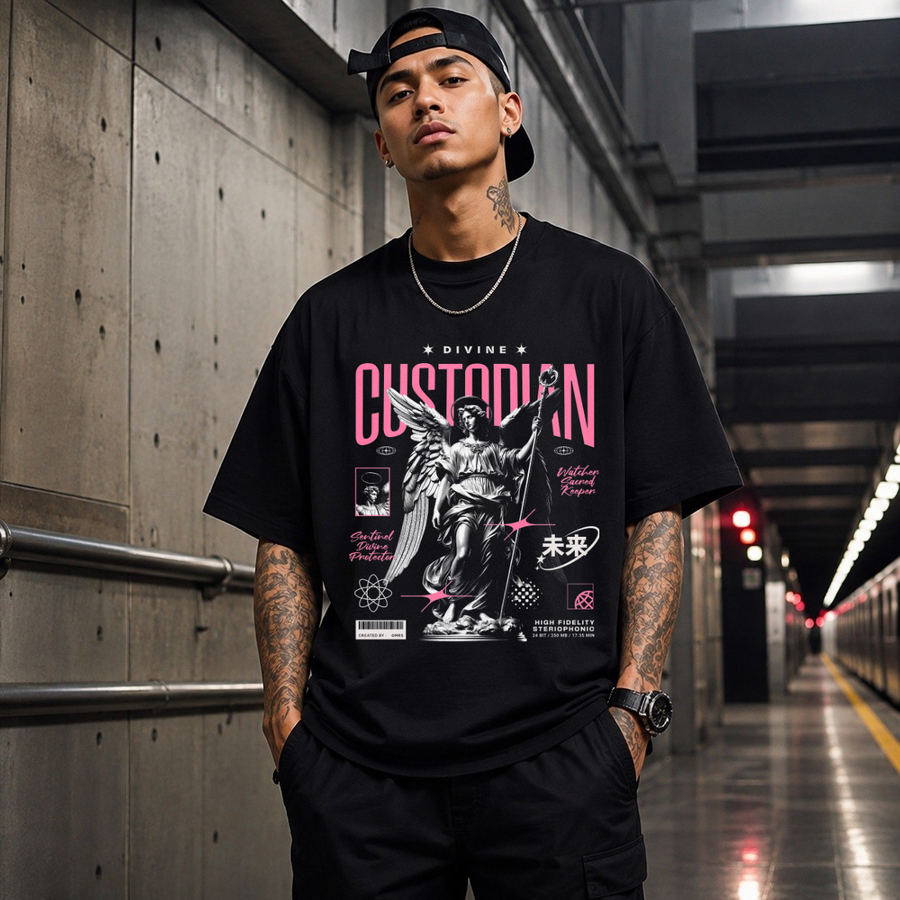Divine Custodian T-Shirt – Religious Imagery Collage Graphic Tee - Color: Black