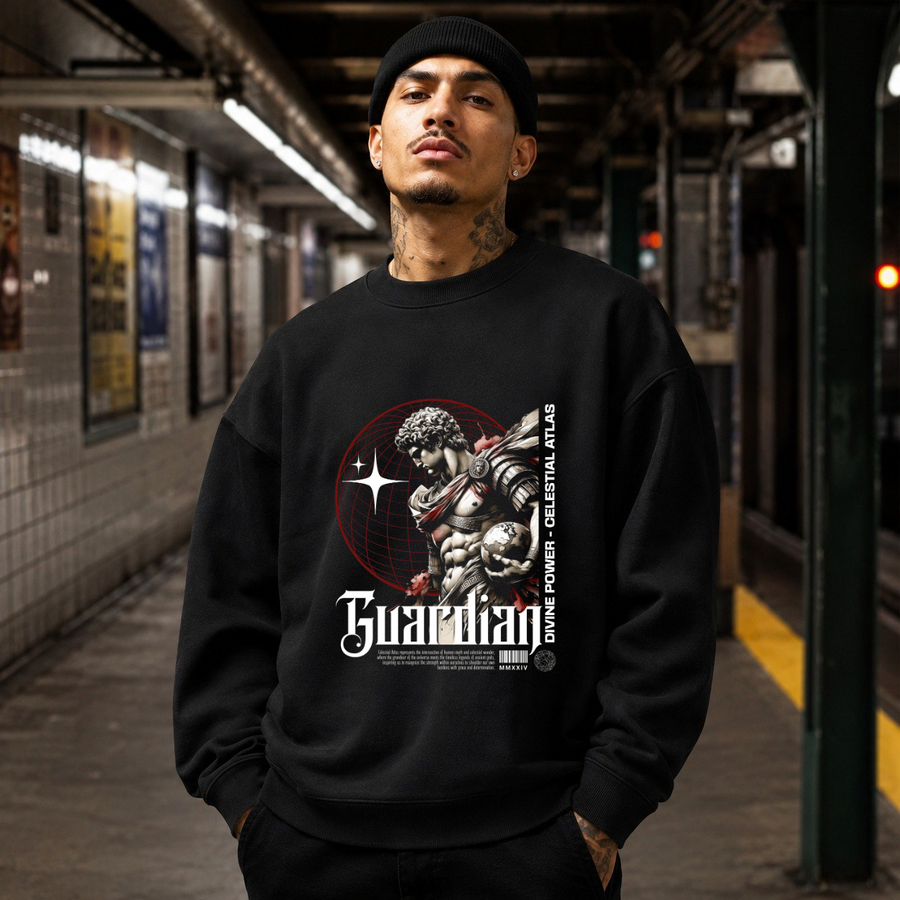 Divine Power Celestial Atlas Warrior Sweatshirt – Gothic Streetwear Poster Graphic Sweatshirt - Color: black