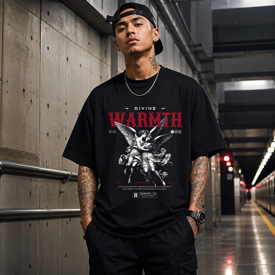 Divine Warmth Angels Embrace T-Shirt – Dark Art / Renaissance Aesthetic Graphic Tee - Color: Black