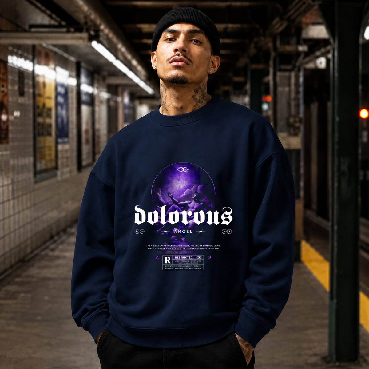 Dolorous Angel Sweatshirt – Dark Art / Renaissance Aesthetic Graphic Sweatshirt - Color: navy