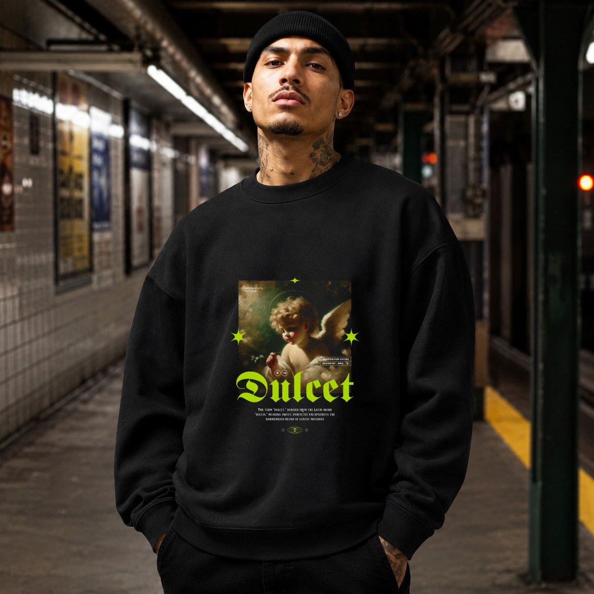 Dulcet Cupid Painting Sweatshirt – Religious Imagery Collage Graphic Sweatshirt - Color: black