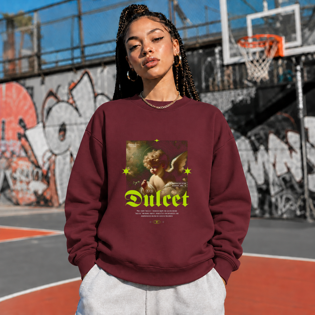 Dulcet Cupid Painting Sweatshirt – Religious Imagery Collage Graphic Sweatshirt - Color: maroon