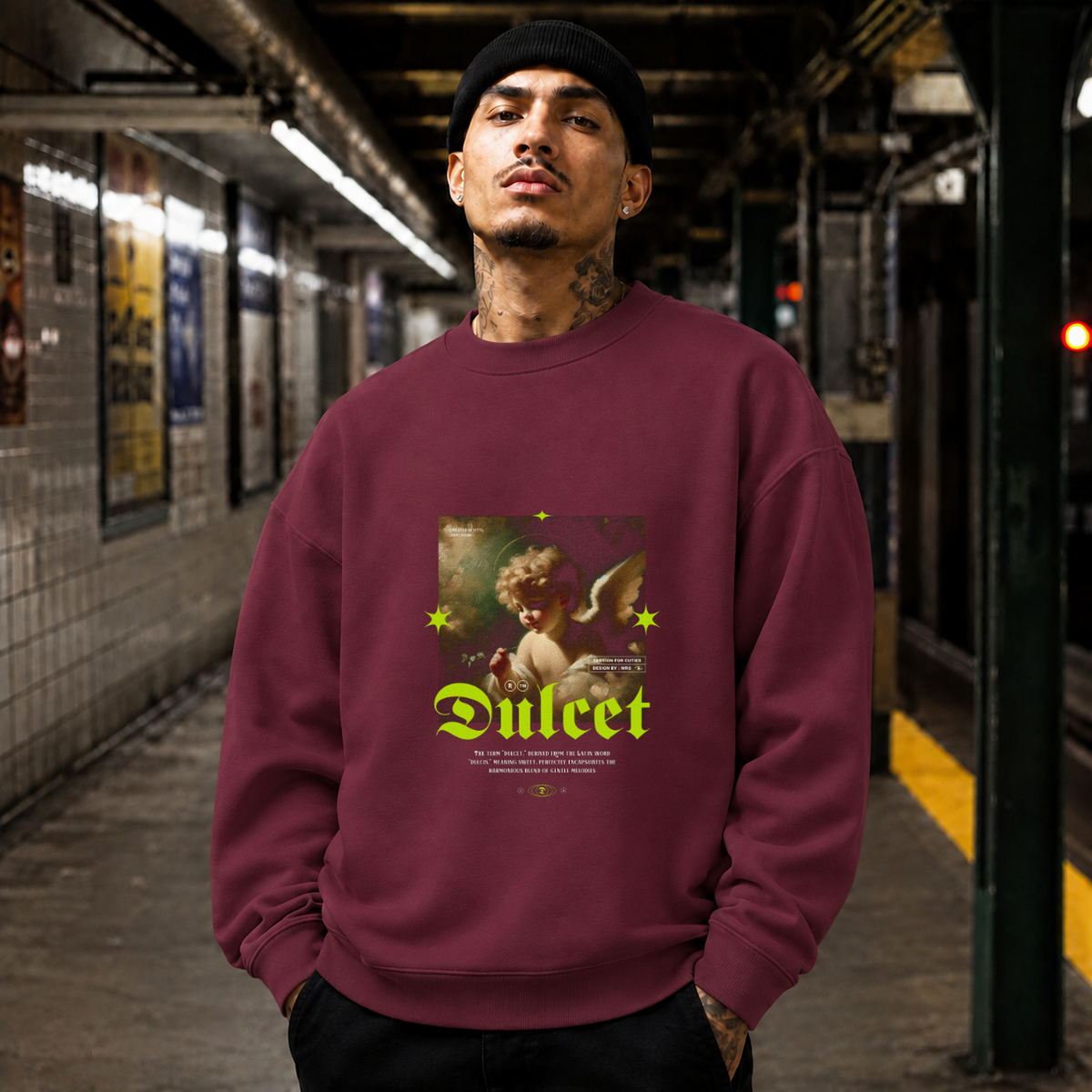 Dulcet Cupid Painting Sweatshirt – Religious Imagery Collage Graphic Sweatshirt - Color: maroon