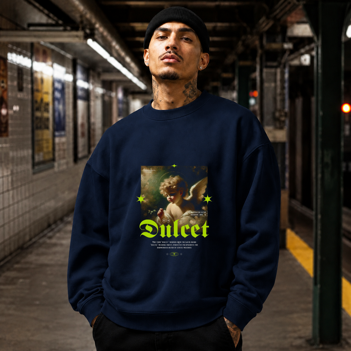 Dulcet Cupid Painting Sweatshirt – Religious Imagery Collage Graphic Sweatshirt - Color: navy