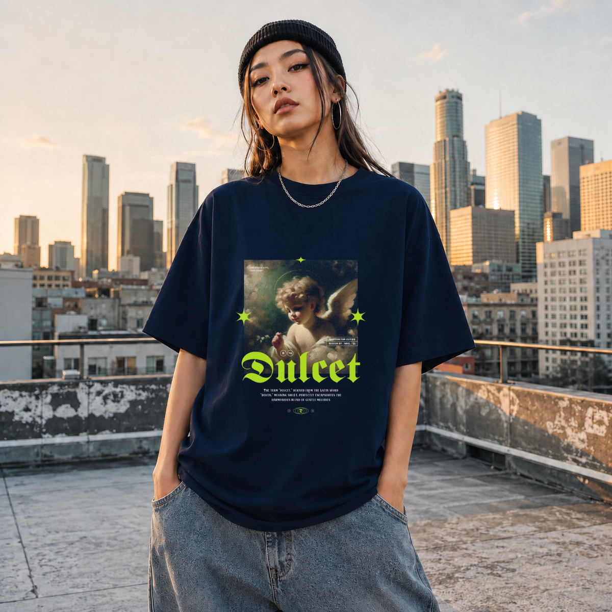 Dulcet Cupid Painting T-Shirt – Religious Imagery Collage Graphic Tee - Color: Navy