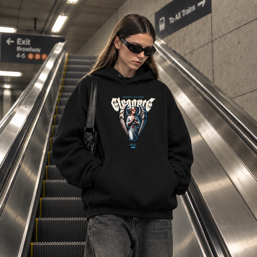 Elegance Praying Angel Hoodie – Religious Imagery Collage Graphic Hoodie - Color: black