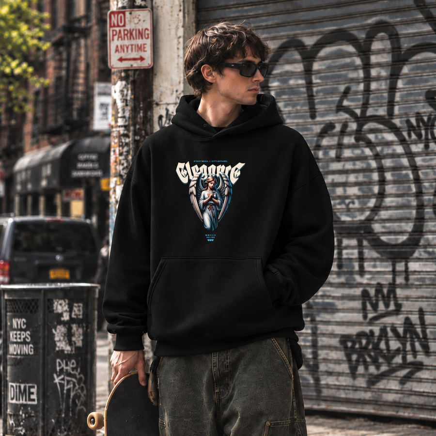 Elegance Praying Angel Hoodie – Religious Imagery Collage Graphic Hoodie - Color: black