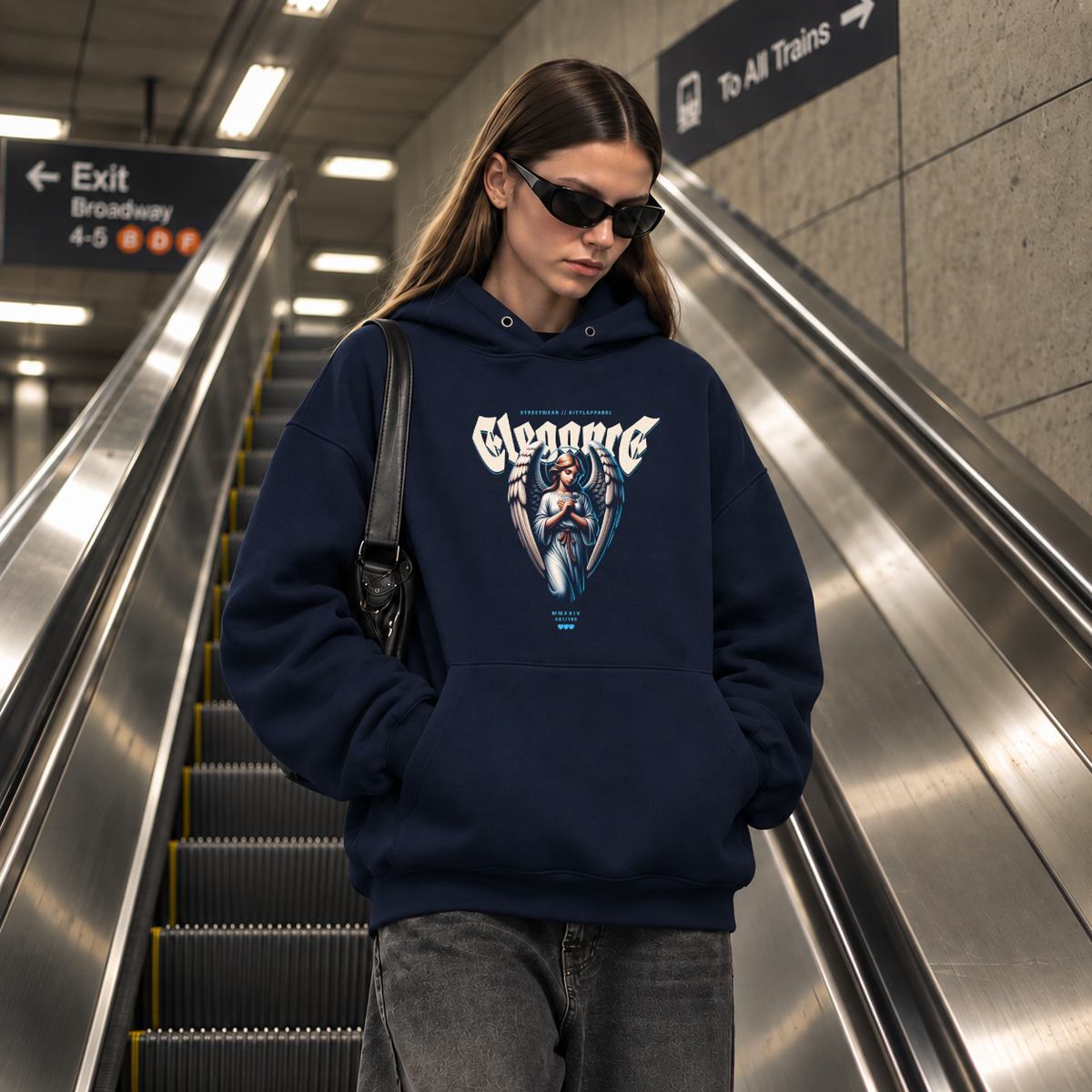 Elegance Praying Angel Hoodie – Religious Imagery Collage Graphic Hoodie - Color: navy