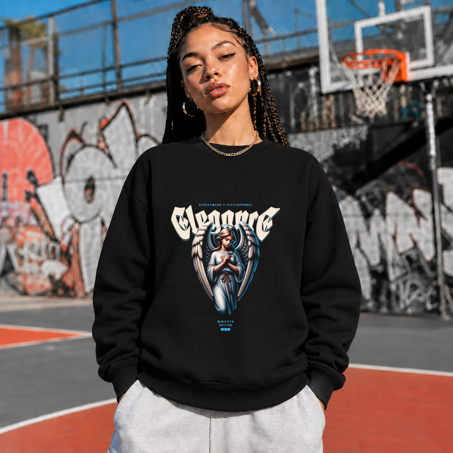 Elegance Praying Angel Sweatshirt – Religious Imagery Collage Graphic Sweatshirt - Color: black