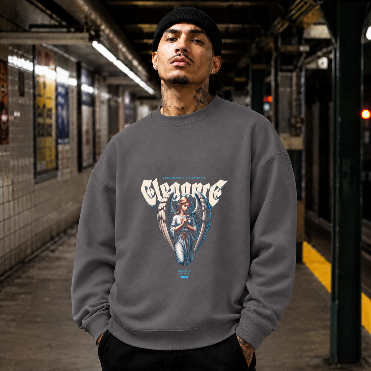 Elegance Praying Angel Sweatshirt – Religious Imagery Collage Graphic Sweatshirt - Color: charcoal