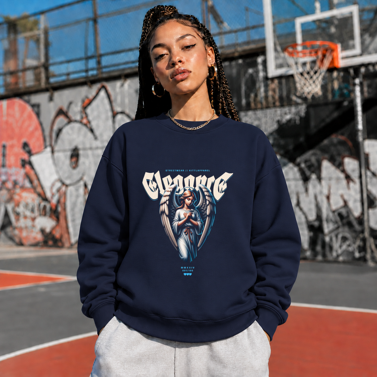 Elegance Praying Angel Sweatshirt – Religious Imagery Collage Graphic Sweatshirt - Color: navy